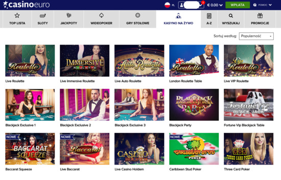 Gry w kasynie na żywo w CasinoEuro